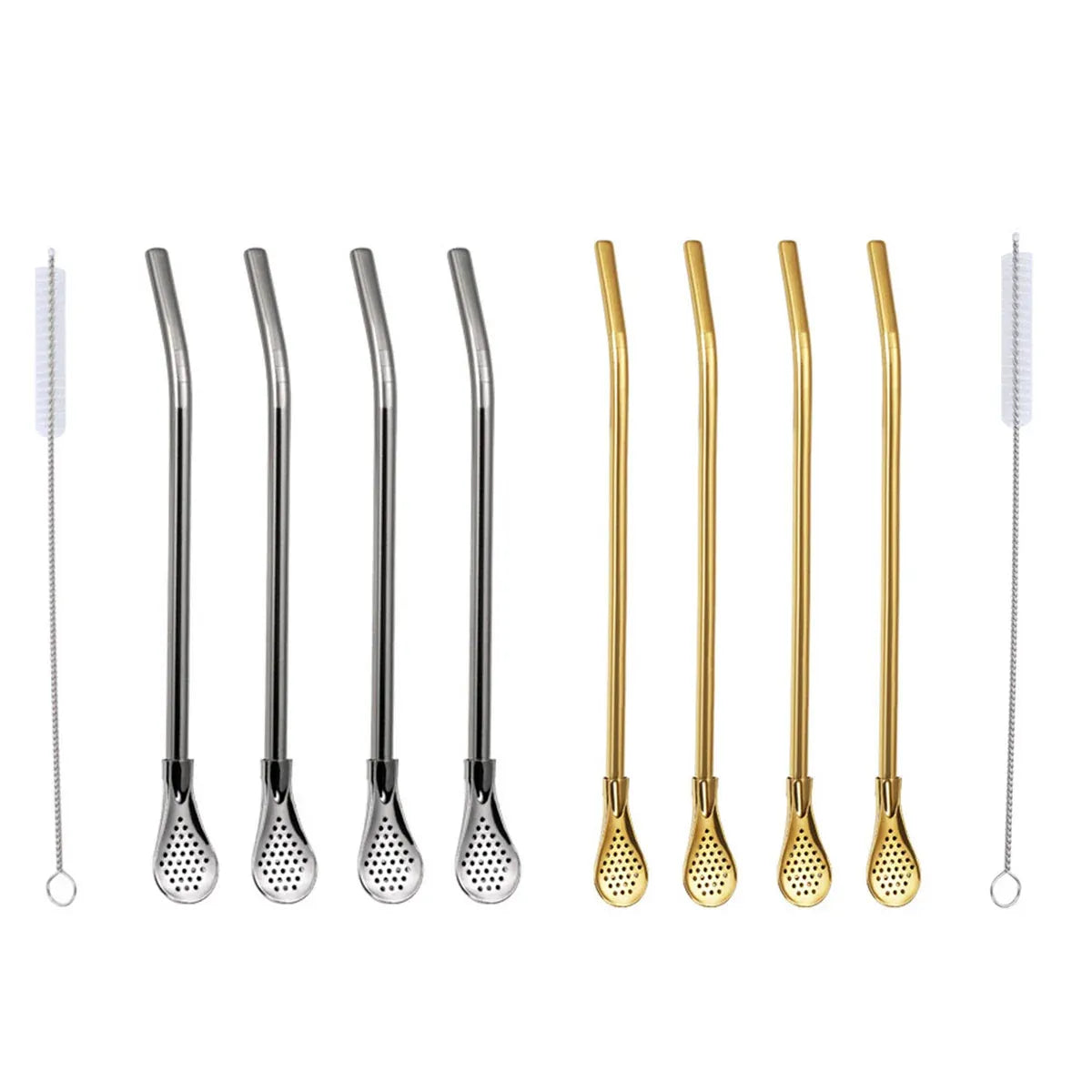 5pcs Stainless Steel Straw Spoon Removable Filter Reusable Tea Juice Stirrer - Silver