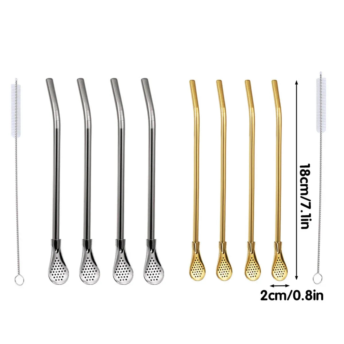 5pcs Stainless Steel Straw Spoon Removable Filter Reusable Tea Juice Stirrer - Silver
