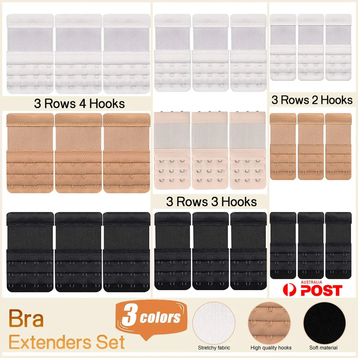 Maternity Strap Clip On Bra Extender Extension 3 Hooks Ladies Plus Size - Black