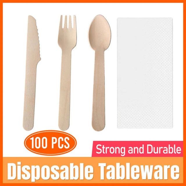 Degradable Wooden Cutlery Set 100pcs Disposable Spoons Forks Knives for Dessert