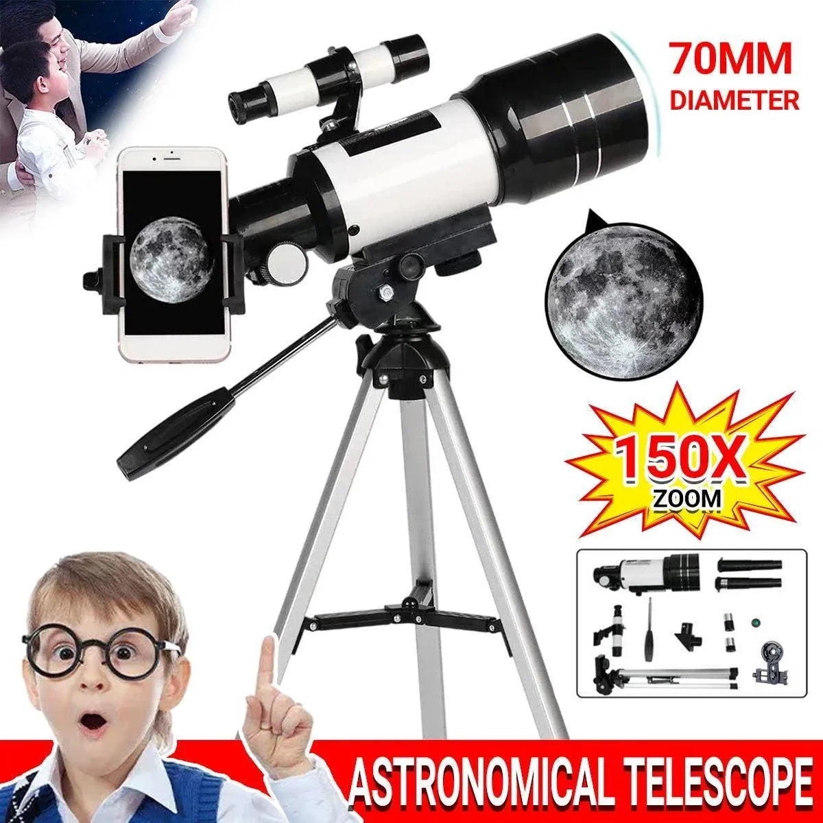 HD Astronomical Telescope with Desktop Tripod and Up to 150X Combo Magnification