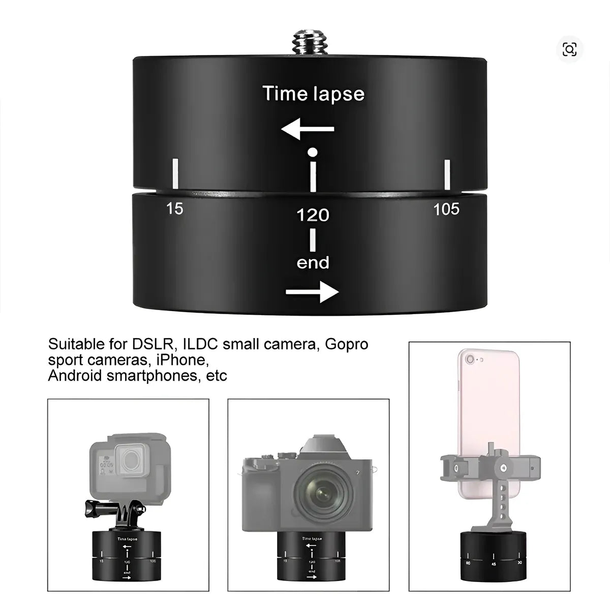 Action Camera 360° Rotating 60/120min Time Lapse Timer Tripod Head Adapter Gopro - 120min