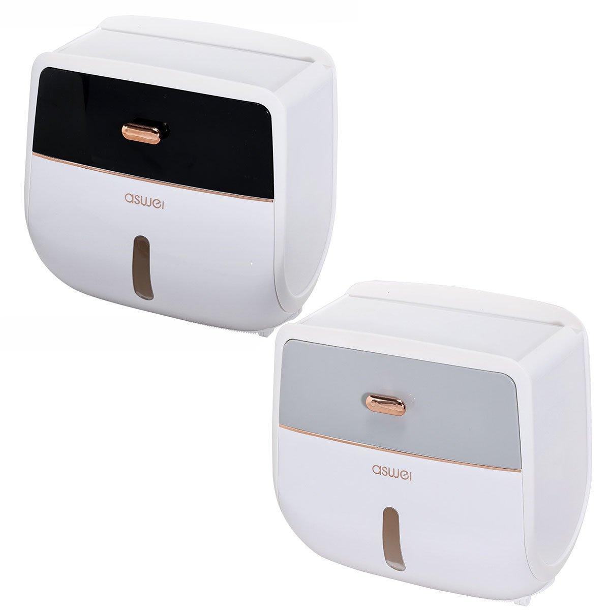 Wall-Mounted Toilet Tissue Paper Roll Holder Storage Box No punching Waterproof - Grey