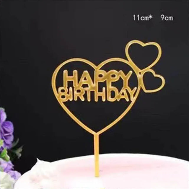 Happy Birthday Acrylic Cake Topper Golden Silver Gold Double Heart
