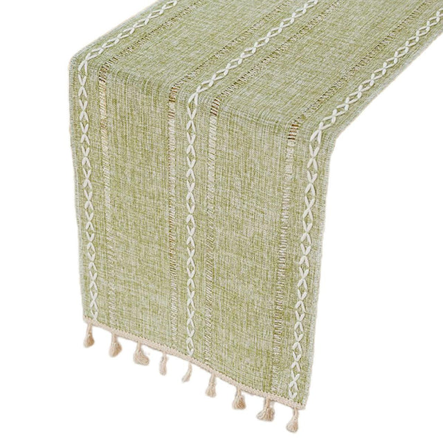 Solid Colour Woven Hollow Fringe Table Runner Dining Tablecloth 33x183cm Green
