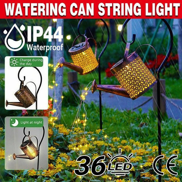 Solar Led Watering Can String Light Outdoor Garden Art Waterfall Lamp Decoration