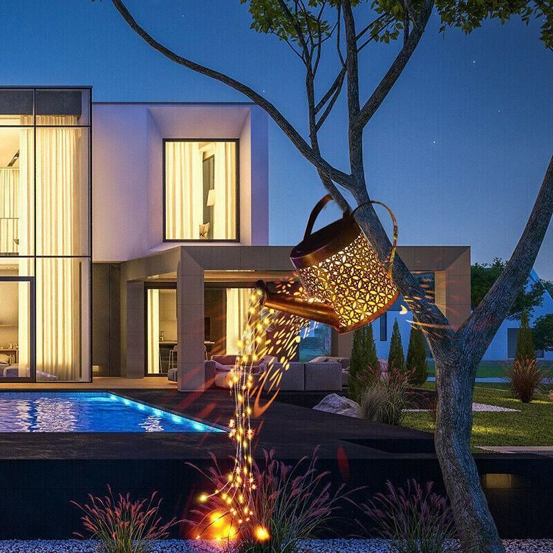 Solar Led Watering Can String Light Outdoor Garden Art Waterfall Lamp Decoration