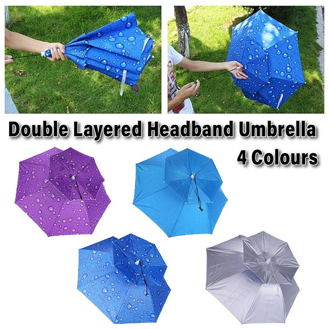 2 Layer Foldable Sun Umbrella Hat Fishing Camping Headwear Cap Head Silver