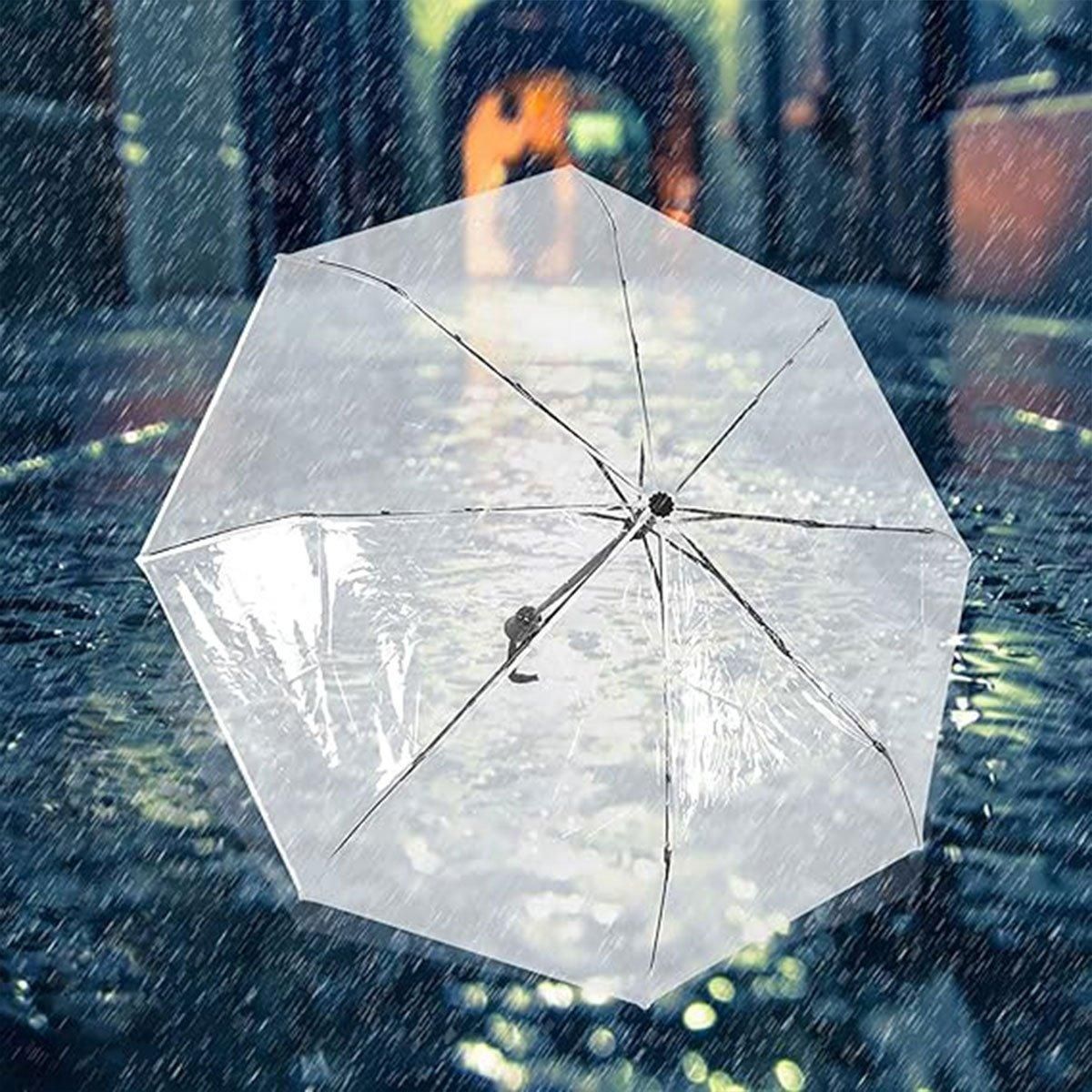 Transparent Folding Umbrella Compact Tri Fold Design Clear Rain Protection Cover - Manually operated-Black