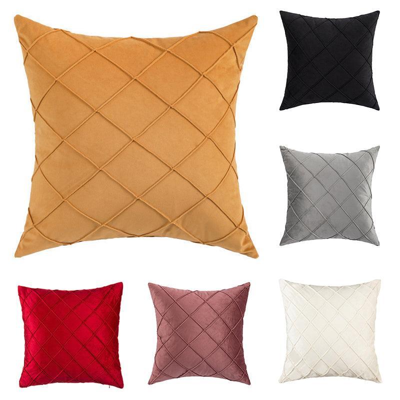 Velvet Cushion Cover Pleated Checked Plaid Plush Decorative Lounge Cushion Cover - Black