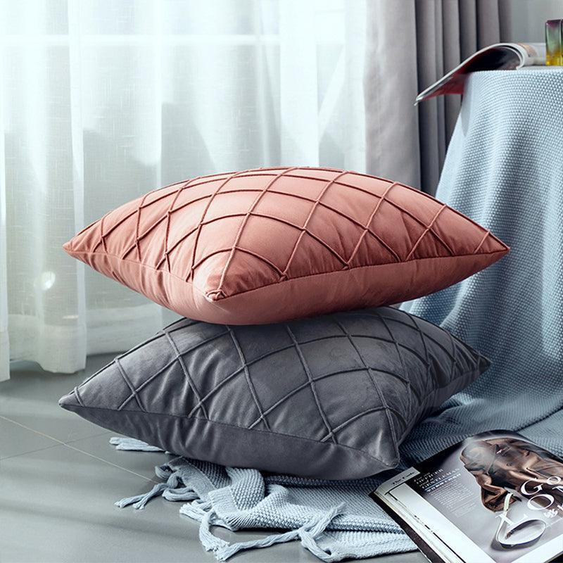 Velvet Cushion Cover Pleated Checked Plaid Plush Decorative Lounge Cushion Cover - Black