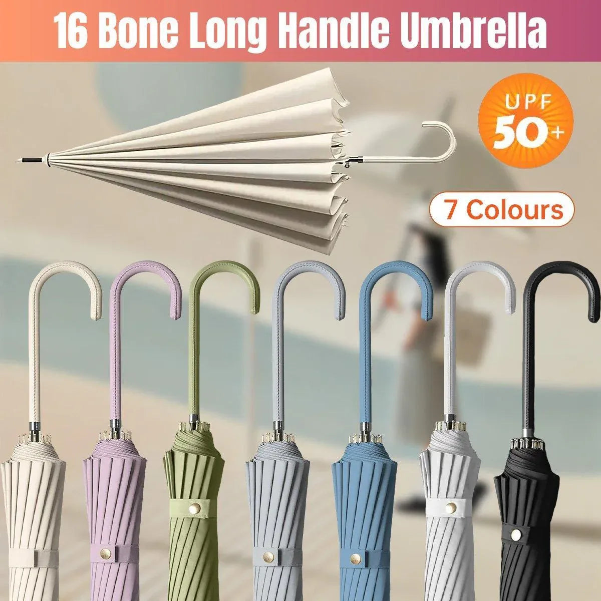 Large 16 Bone Automatic Umbrella Unisex Long Handle Dual Use Rain Sun Umbrella - White