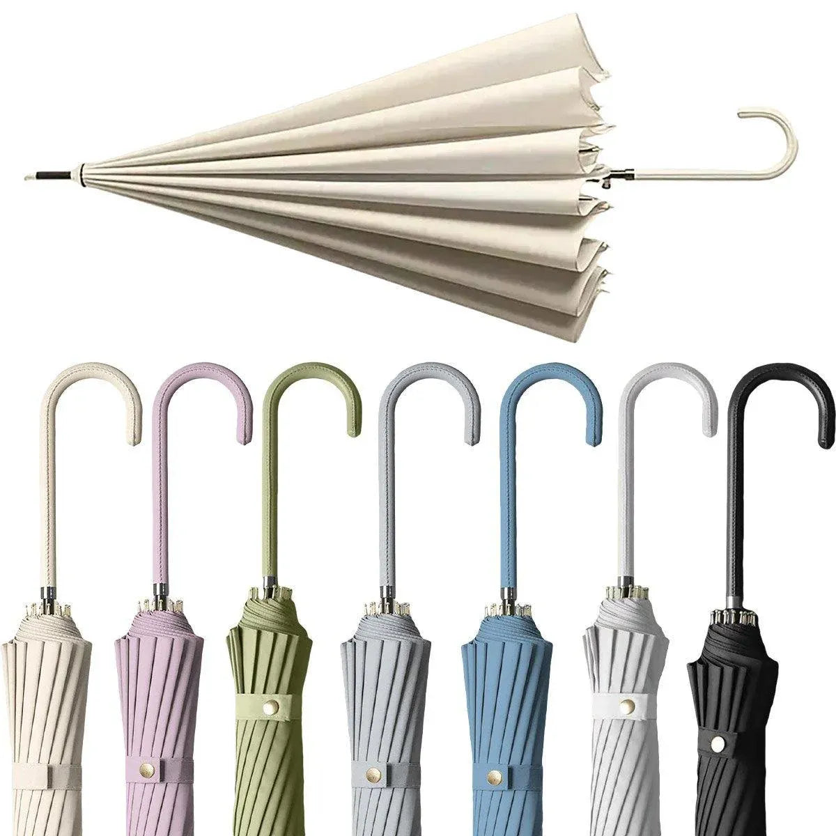 Large 16 Bone Automatic Umbrella Unisex Long Handle Dual Use Rain Sun Umbrella - White
