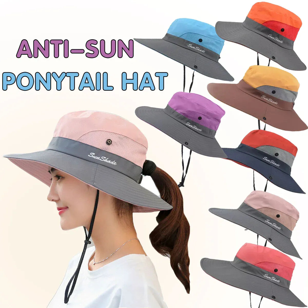 Women Wide Brim Ponytail Hat Sun Protect Visor Summer Beach Cap Anti Uv Floppy - Watermelon Red