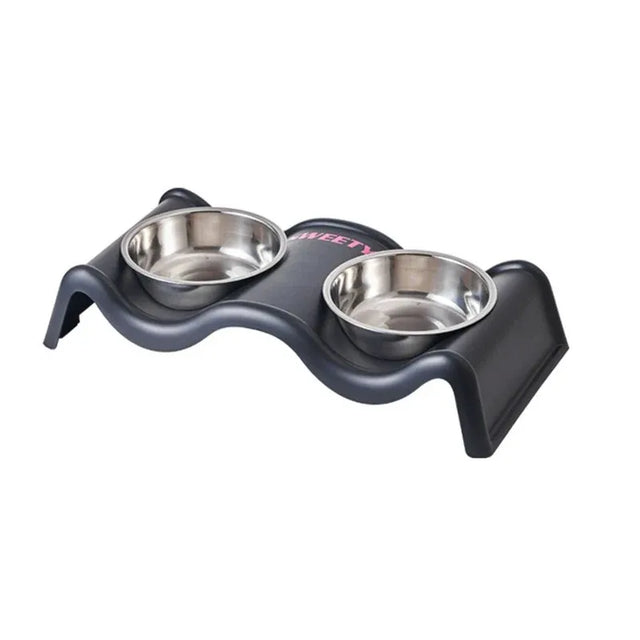 Pet Bowls Stainless Steel Double Bowl Wavy Cat Dog Feeding Dish Nonslip - Black