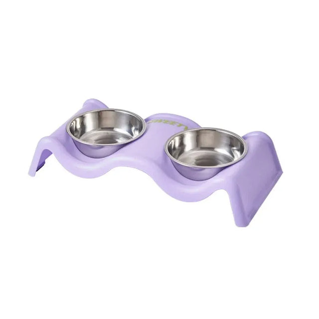 Pet Bowls Stainless Steel Double Bowl Wavy Cat Dog Feeding Dish Nonslip - Purple