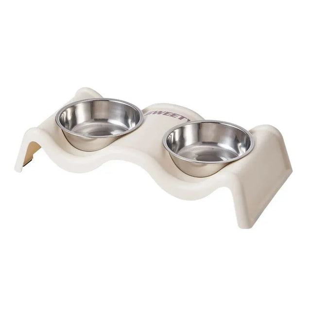 Pet Bowls Stainless Steel Double Bowl Wavy Cat Dog Feeding Dish Nonslip - White