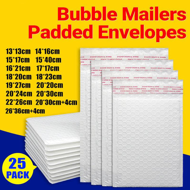 25PCS Poly Bubble Mailers Envelope Padded Bag White Cushioned Satchel 15 Sizes - 25PCS-19*27CM