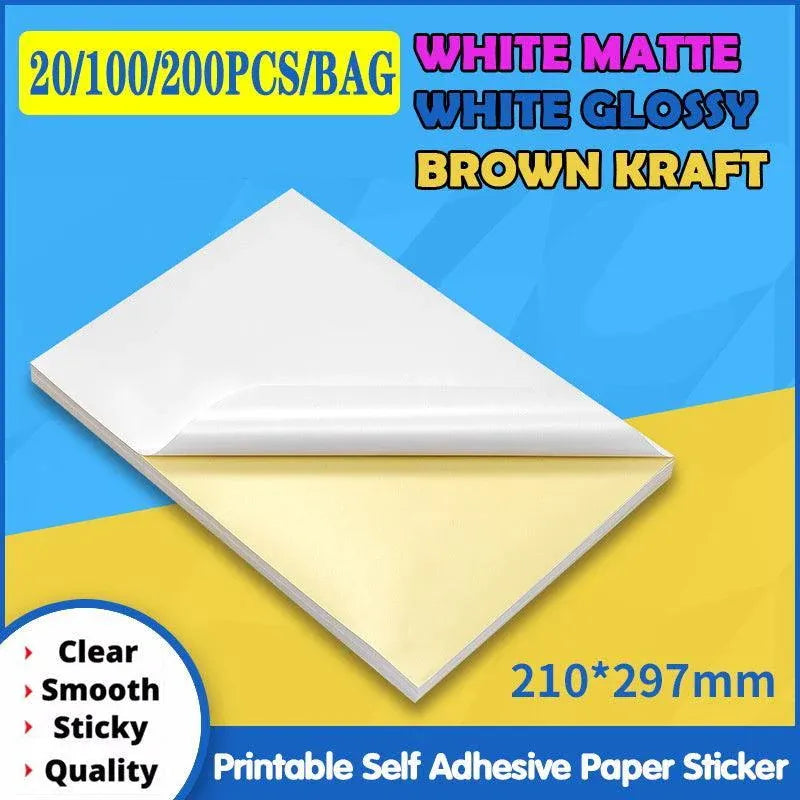 A4 Self Adhesive Sticker Paper Sheet Label Laser Inkjet Print Mailing Address - White Matte 2x6 *20 PCS