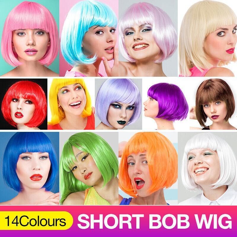 Short Bob Wig with Bangs for Women Synthetic Cosplay Party Hair in 14 Colours - Dark Pink