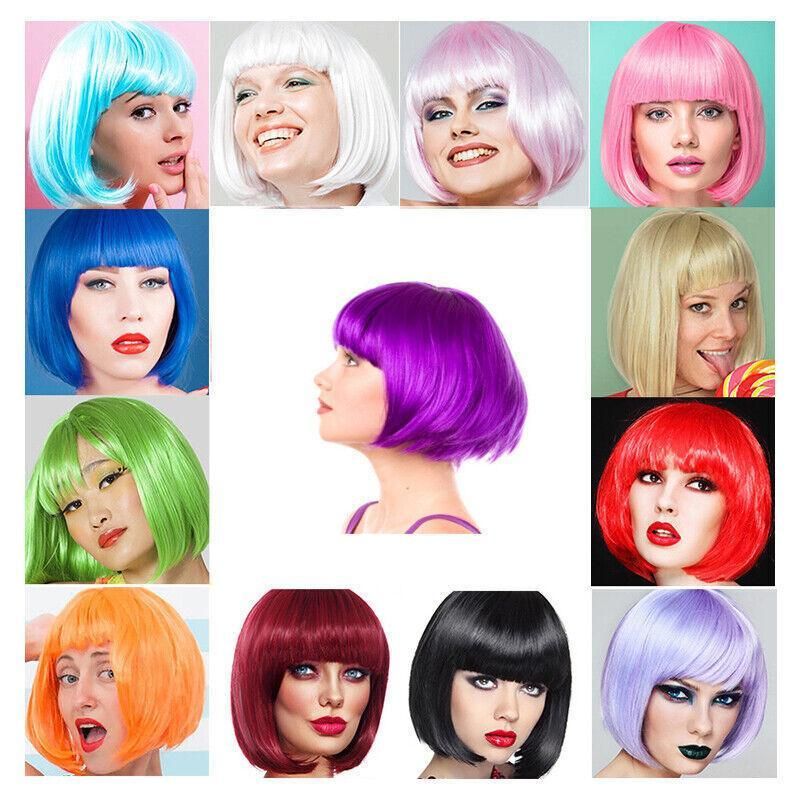 Short Bob Wig with Bangs for Women Synthetic Cosplay Party Hair in 14 Colours - Dark Pink