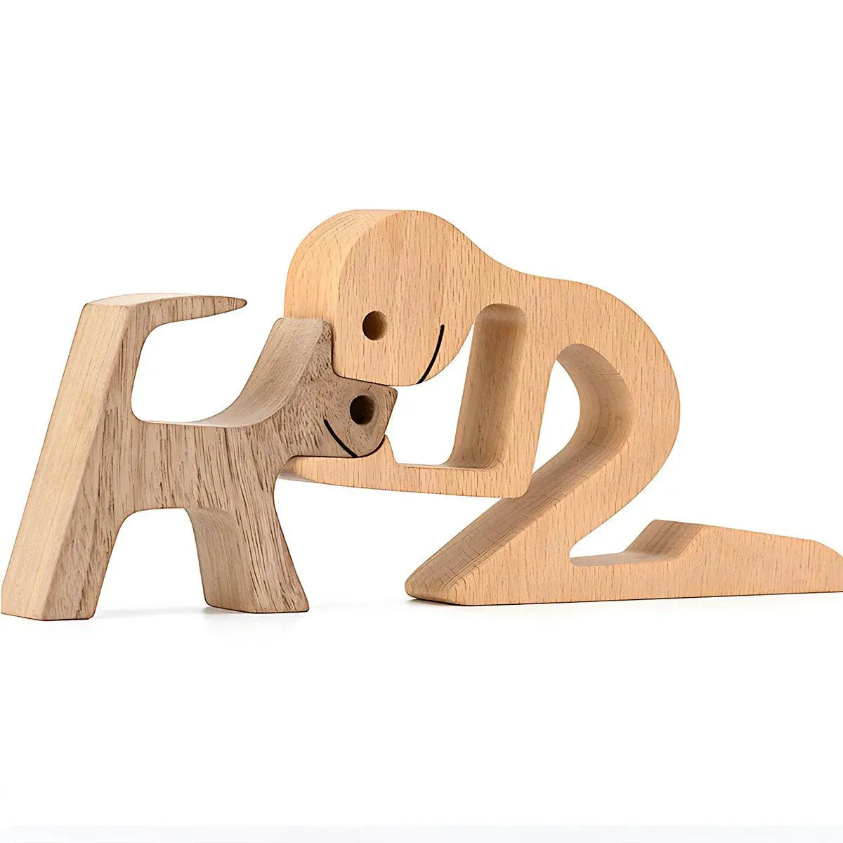 Handmade Wooden Statue Sitting Family and Dog Craft Home Decor - B05