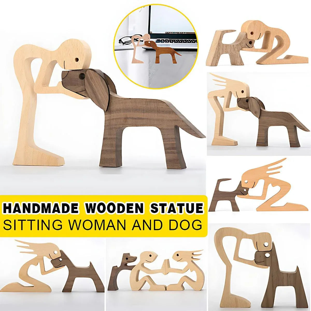 Handmade Wooden Statue Sitting Family and Dog Craft Home Decor - B05