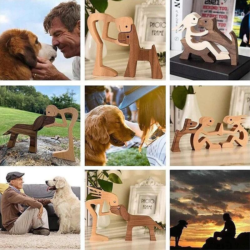 Handmade Wooden Statue Sitting Family and Dog Craft Home Decor - B05