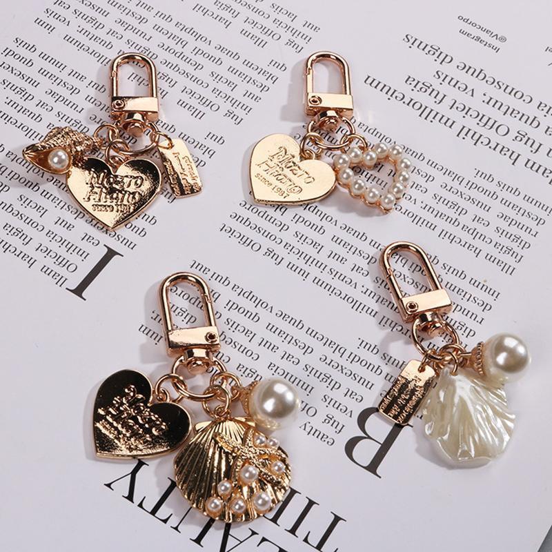 Womens Cute Key Rings Shell Heart Pearl Shape Keychain Charm Bag Hanger Pendants - B