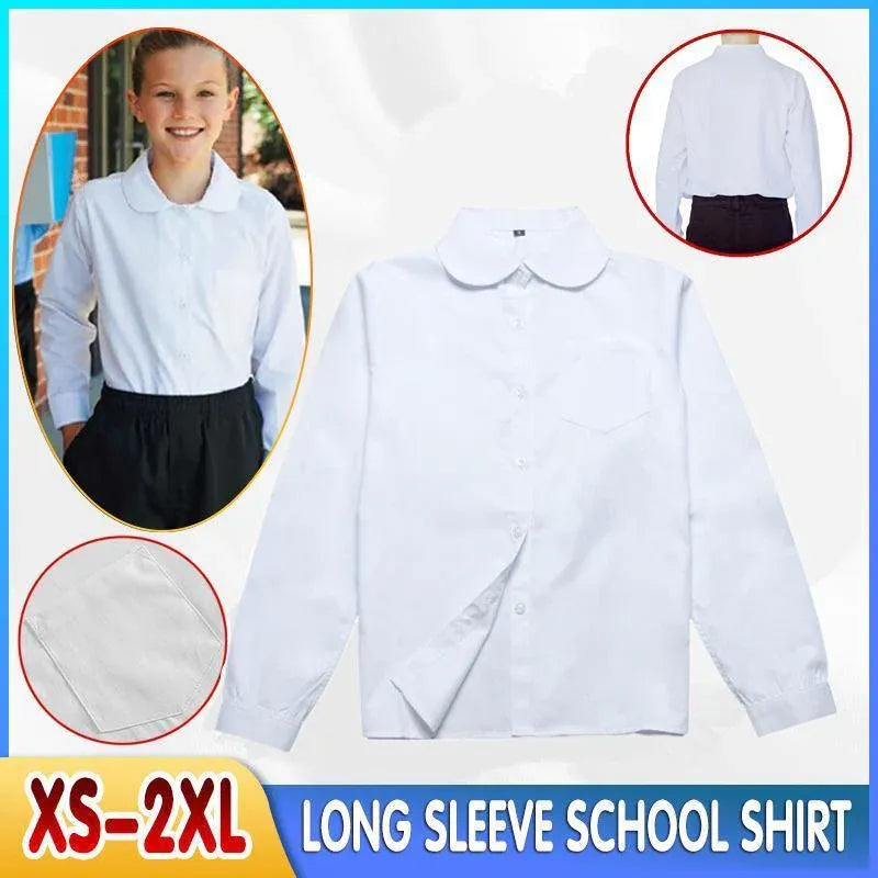 White Girls Peter Pan Collar Long Sleeve School Shirt with two button Adjustable Cuff - S