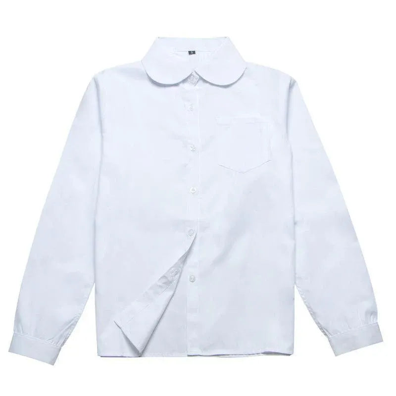 White Girls Peter Pan Collar Long Sleeve School Shirt with two button Adjustable Cuff - S