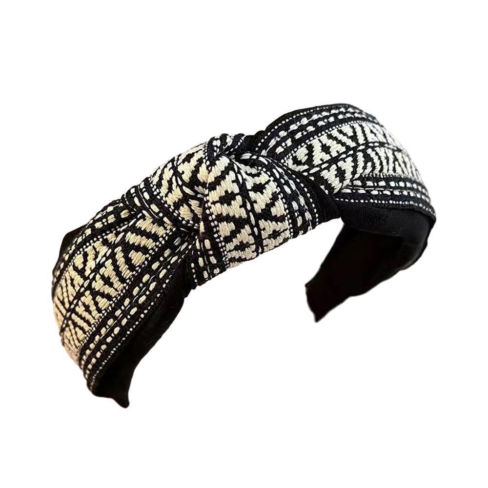 Women Lady Retro Boho Embroidery Cotton Wide Hair Headband Head Wrap Band hoop - Black
