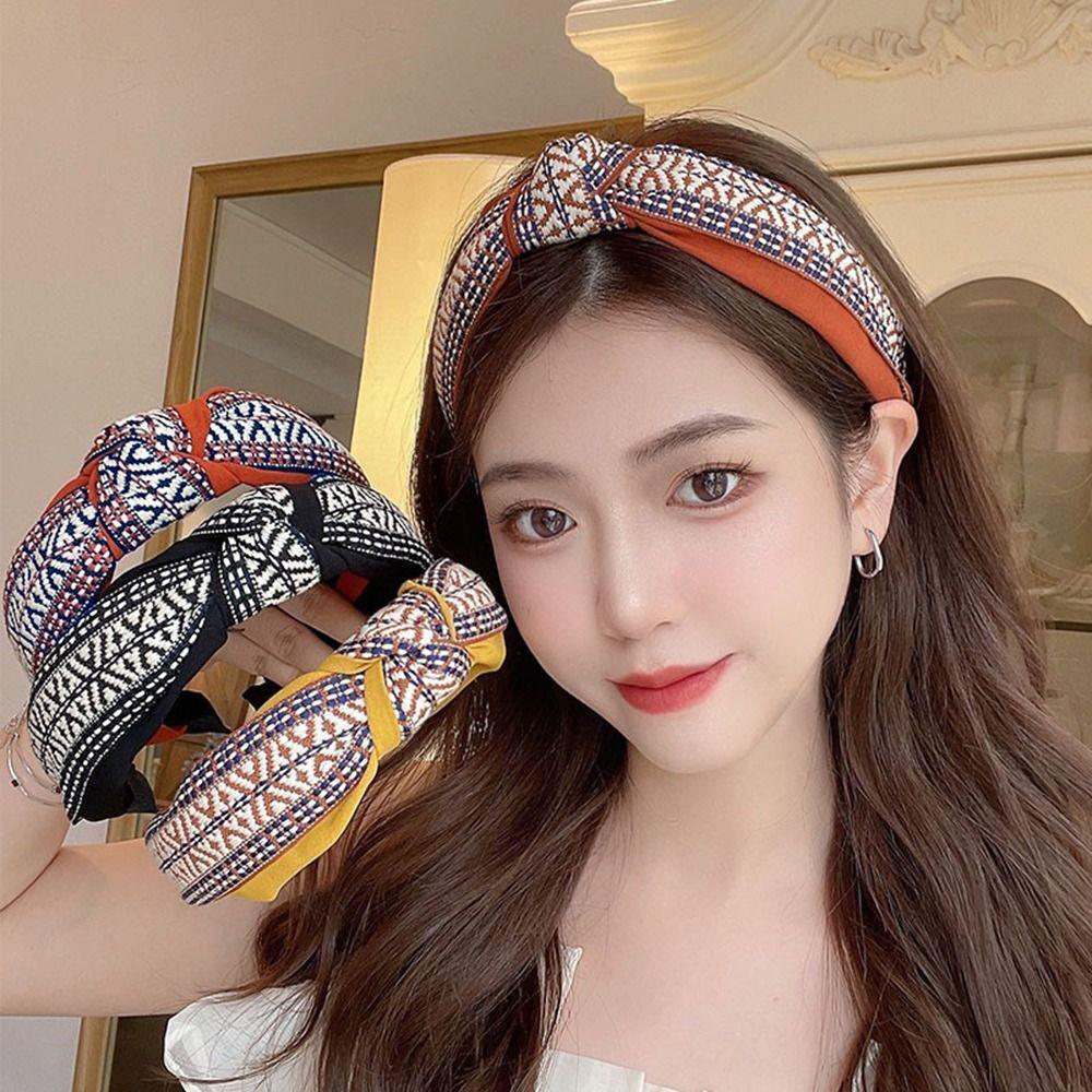 Women Lady Retro Boho Embroidery Cotton Wide Hair Headband Head Wrap Band hoop - Red