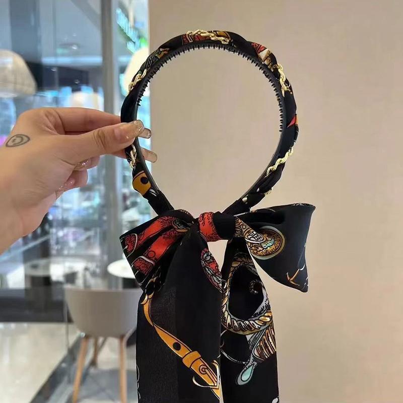 Chains patterned satin headband with Long Scarf Headband Scarf Hair Accessories - Black