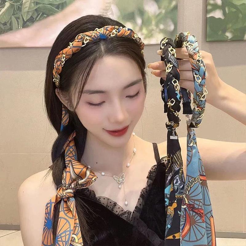 Chains patterned satin headband with Long Scarf Headband Scarf Hair Accessories - Blue