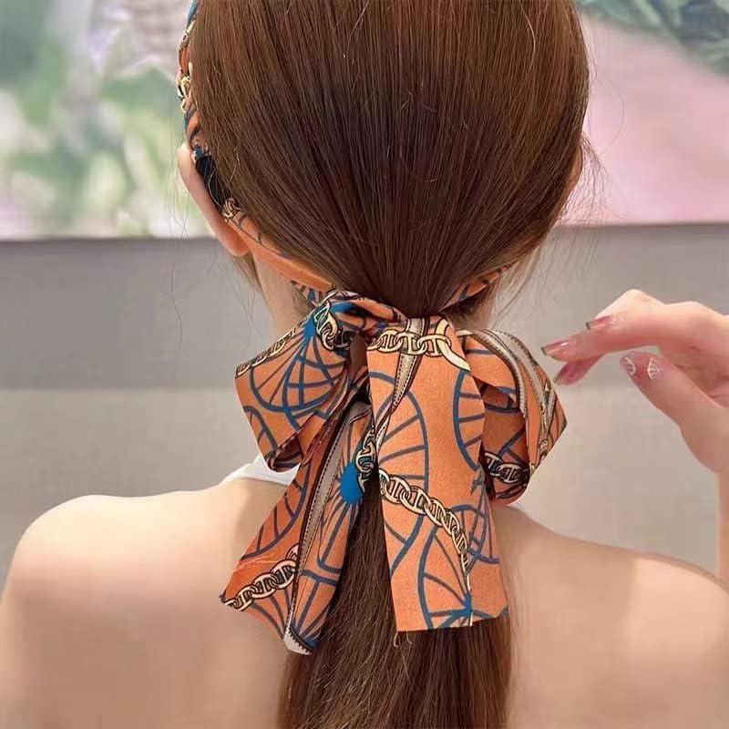 Chains patterned satin headband with Long Scarf Headband Scarf Hair Accessories - Blue