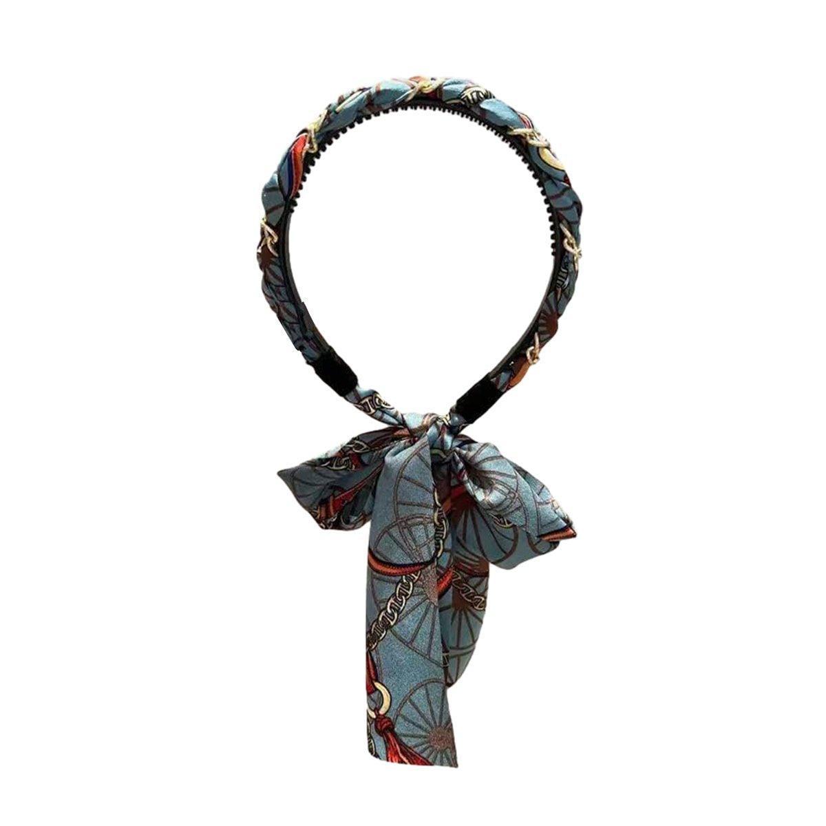 Chains patterned satin headband with Long Scarf Headband Scarf Hair Accessories - Blue