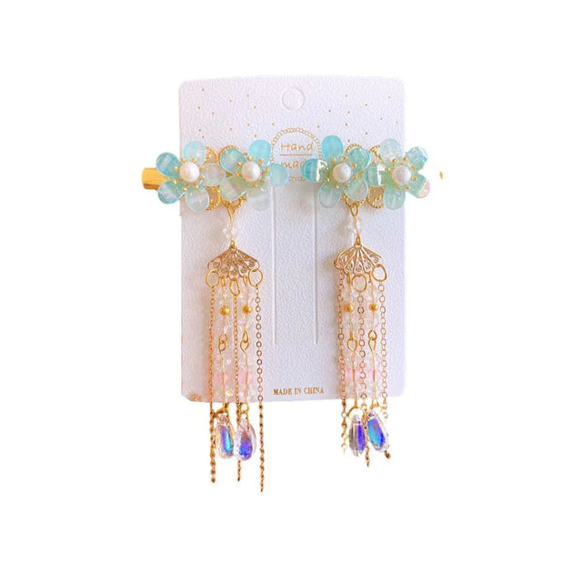 2Pcs Hanfu Flower Hair Clip with Pearl Tassel Butterfly Hairpin for Women and Girls Party - E002
