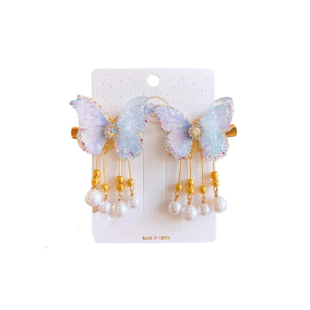 2Pcs Hanfu Flower Hair Clip with Pearl Tassel Butterfly Hairpin for Women and Girls Party - E014