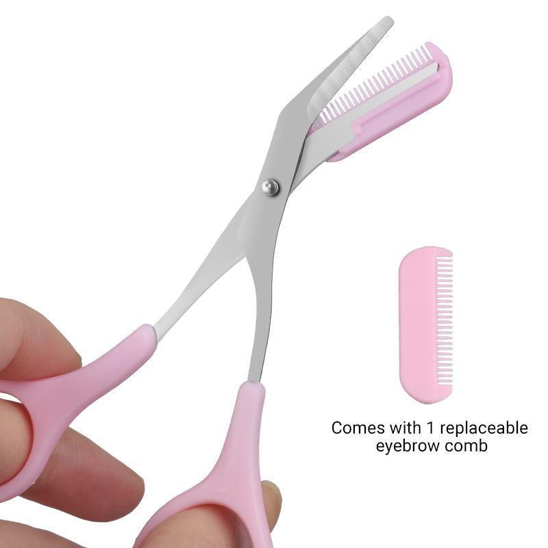 Eyebrow Trimmer Grooming Scissors Eyelash Thinning Shears Comb Brow Shaping Tool - Pink