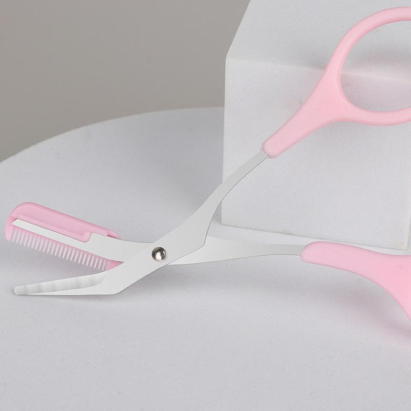 Eyebrow Trimmer Grooming Scissors Eyelash Thinning Shears Comb Brow Shaping Tool - Pink