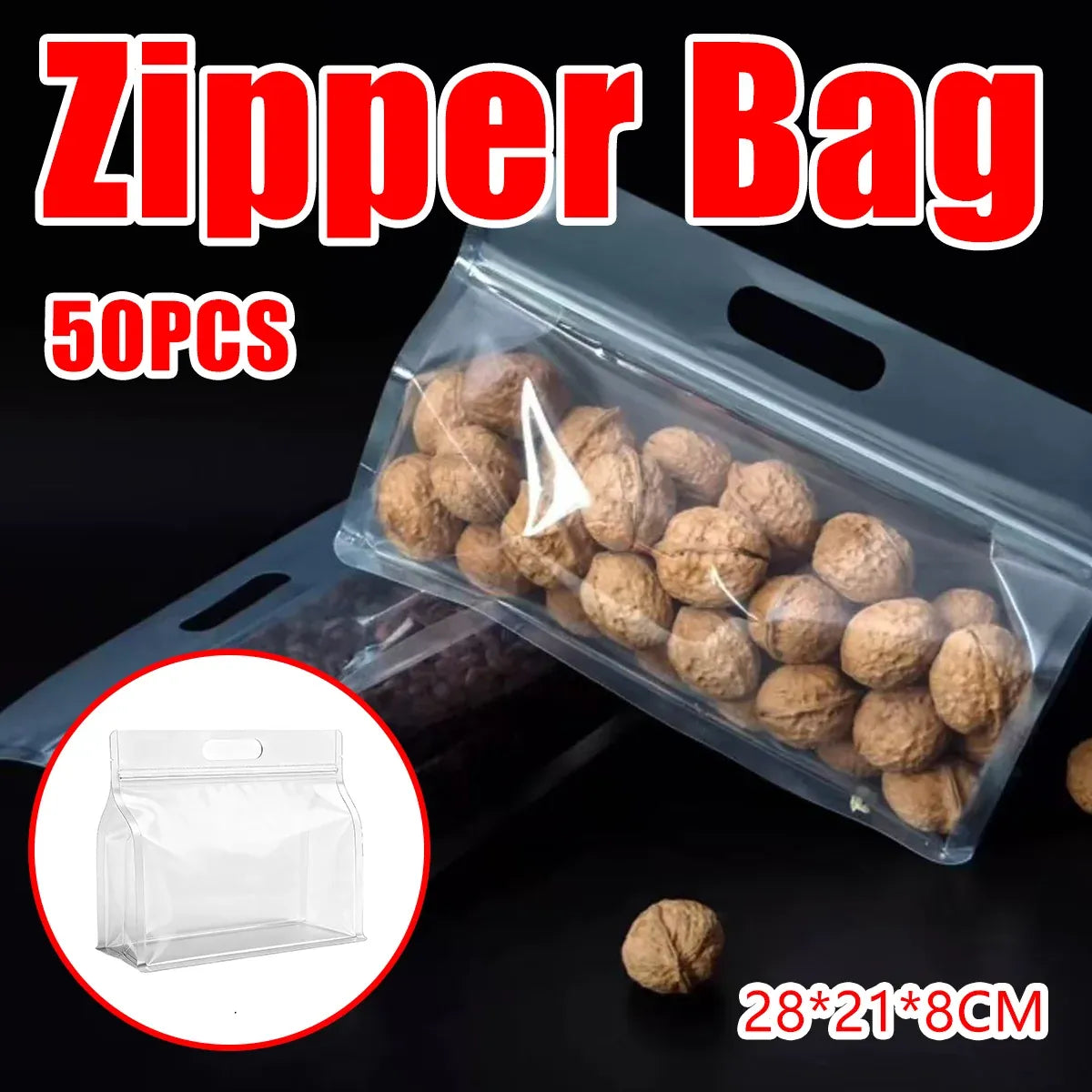 50PCS Clear Reusable Zipper Bags Thick Food Grade PE Storage Bags for Snack Fruit - 30x23cm