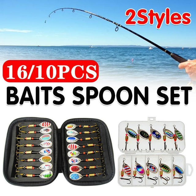 10/16PCS Fishing Lure Spinners Baits Spoon Set Tackle Bag Trout Bass - A(16PCS)