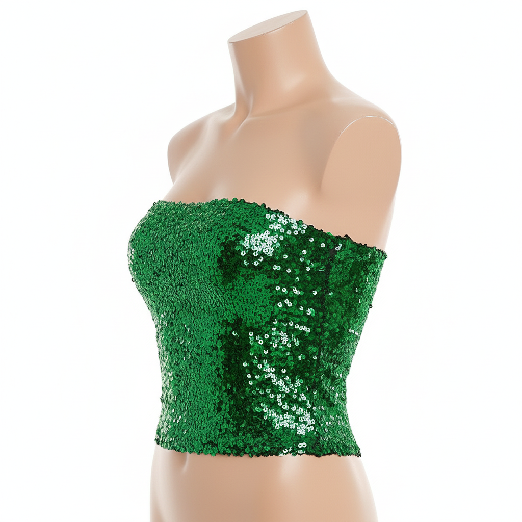 Womens SEQUIN BANDEAU CROP TOP Sparkling Sparkly Costume Tube - Green