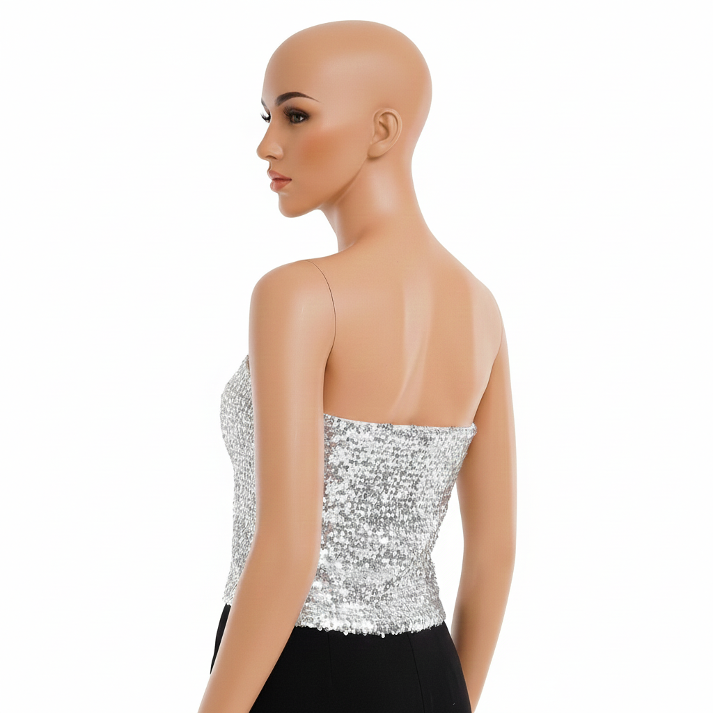Womens SEQUIN BANDEAU CROP TOP Sparkling Sparkly Costume Tube - Silver