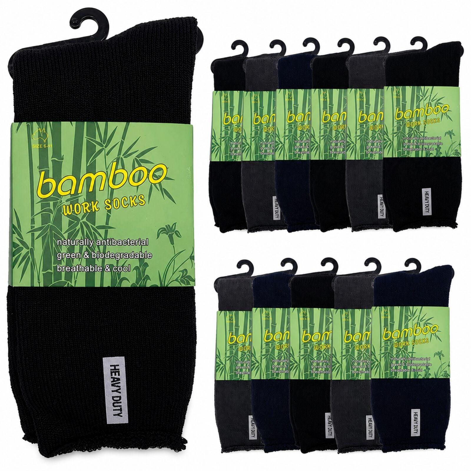 12 Pairs Bamboo Rich Mens Work Socks Thick Cushion Anti Odour - Assorted - 6-11
