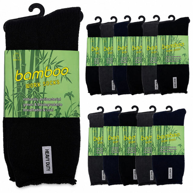 12 Pairs Bamboo Rich Mens Work Socks Thick Cushion Anti Odour - Assorted - 6-11
