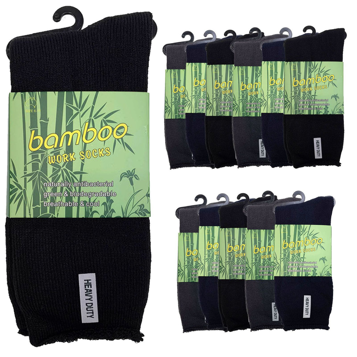12 Pairs Bamboo Rich Mens Work Socks Thick Cushion Anti Odour - Assorted - 6-11