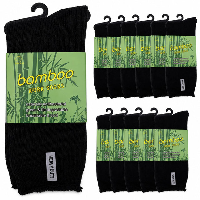 12 Pairs Bamboo Rich Mens Work Socks Thick Cushion Anti Odour - Black - 11-14