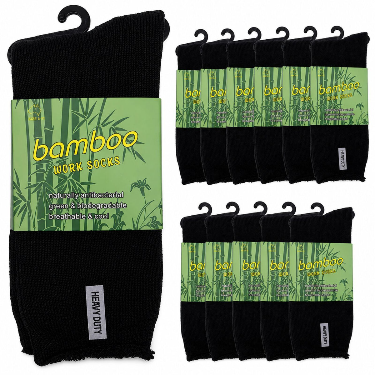 12 Pairs Bamboo Rich Mens Work Socks Thick Cushion Anti Odour - Black - 6-11